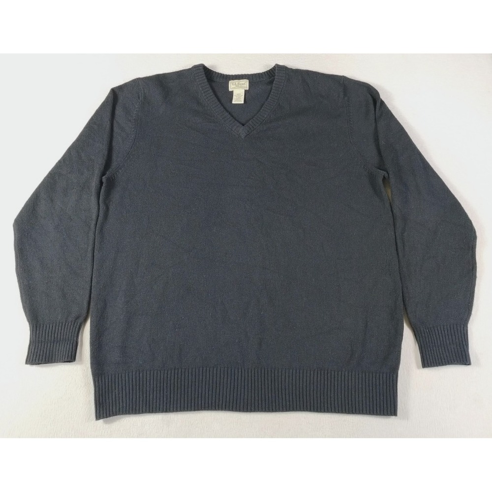 L.L. Bean Sweater Mens Large Black V Neck Lambswool Nylon Knit Pullover Winter